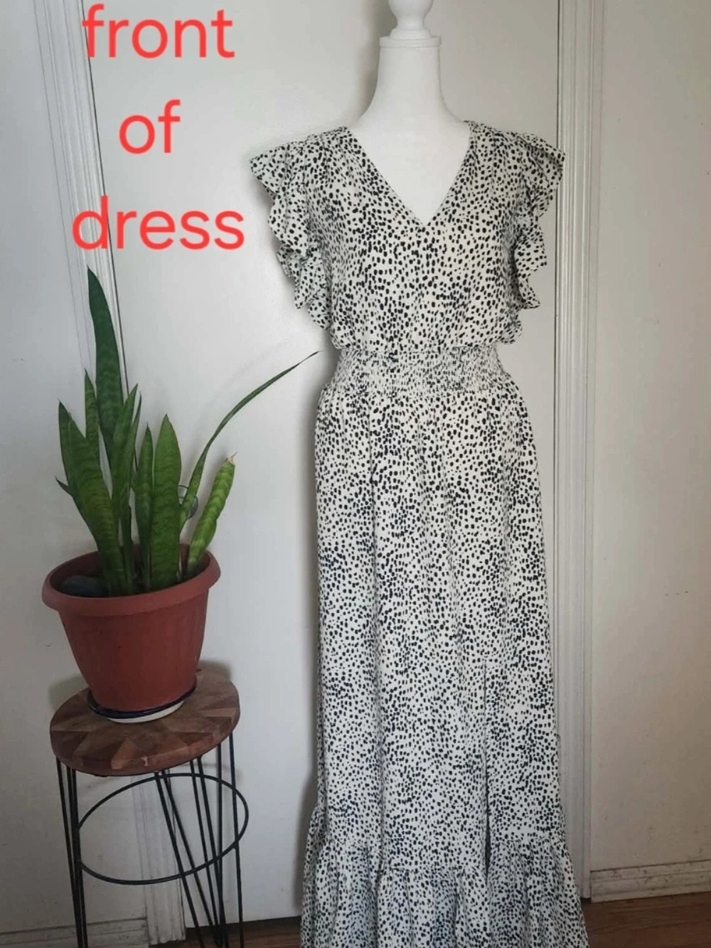Express White and Black Printed Maxi Dress with Ruffle Sleeves